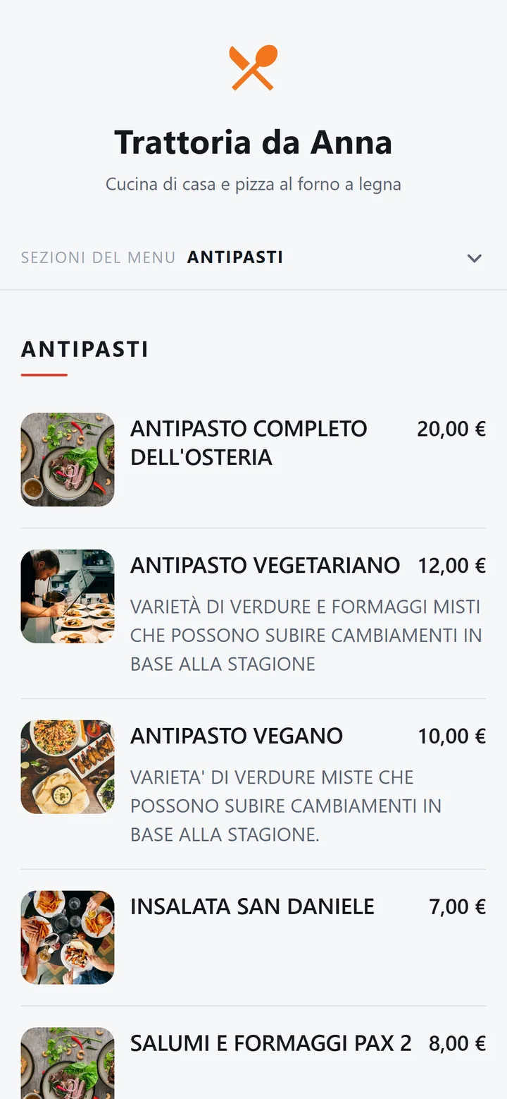 Il menu online RistoFacile aperto dal QR code sul telefono del cliente
