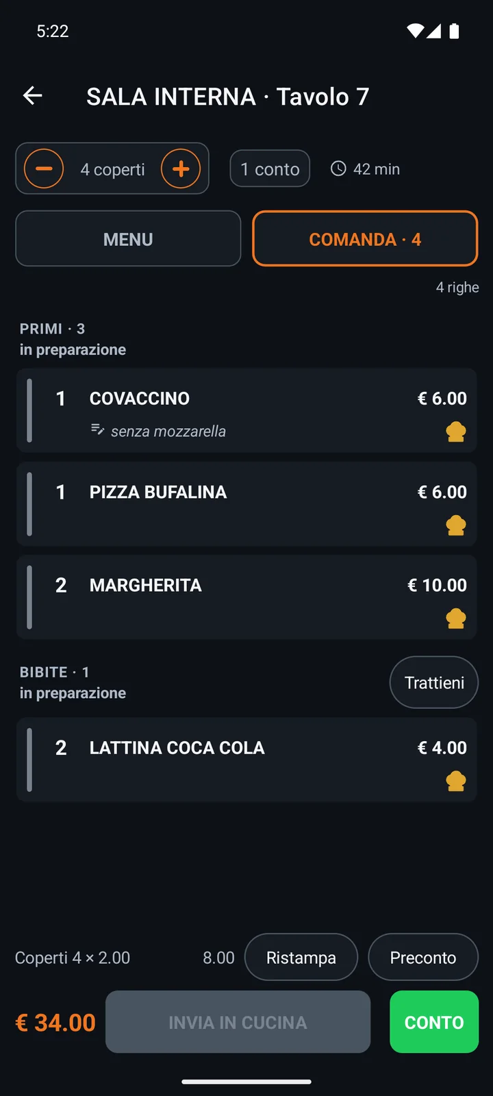Il palmare RistoFacile: la comanda del tavolo 7